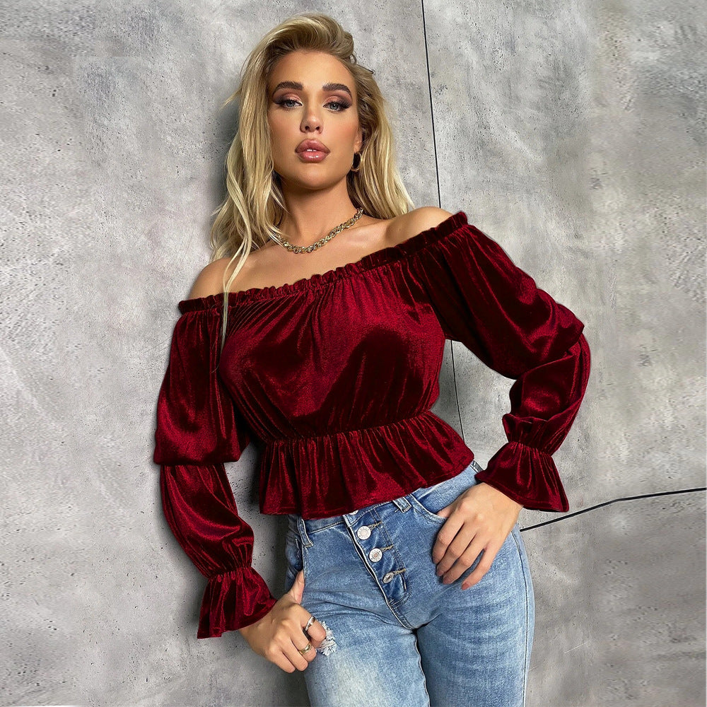 French Style Velvet Long Sleeve T-shirt Top For Women - Sparkssy