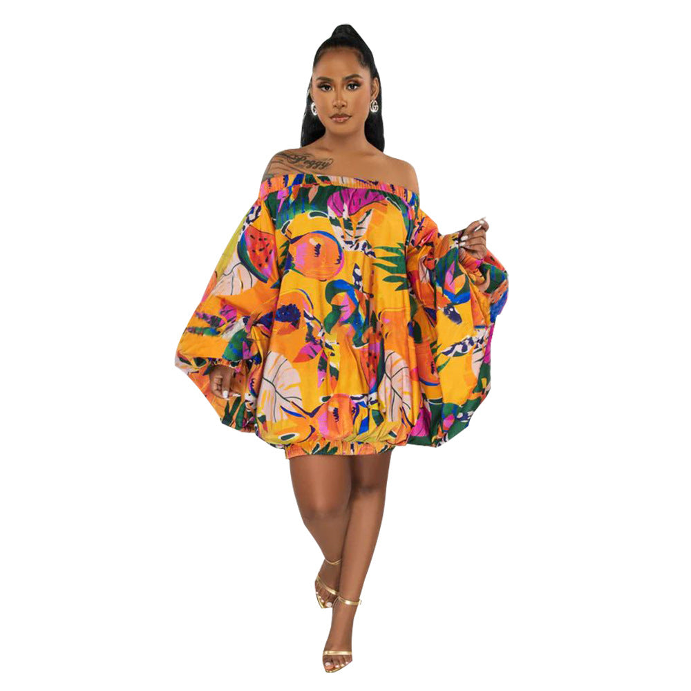 Women's Off-the-shoulder Printed Short Skirt Bat Sleeve Polyester Dress - Sparkssy