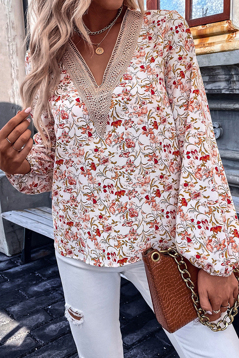 Loose Lace V-neck Chiffon Shirt For Women 2023 Autumn New Floral Printed Long-sleeved Top Women - Sparkssy