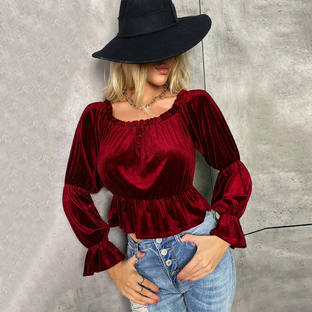 French Style Velvet Long Sleeve T-shirt Top For Women - Sparkssy