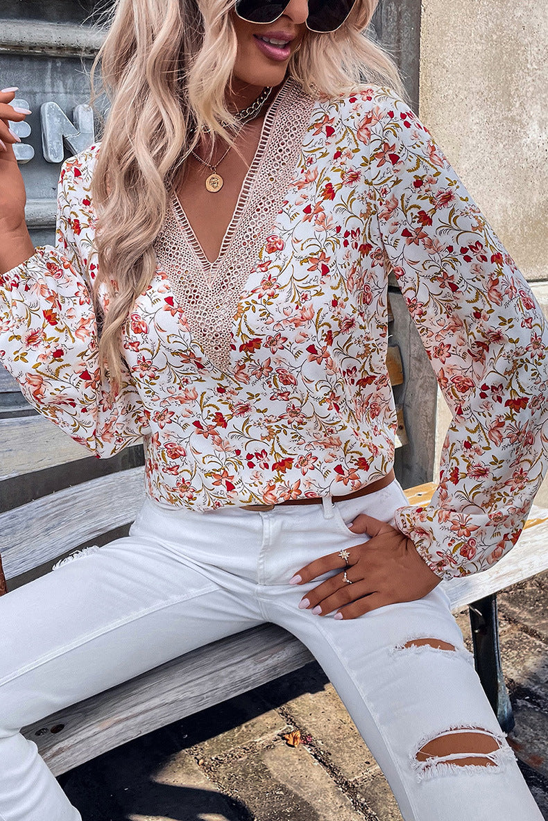 Loose Lace V-neck Chiffon Shirt For Women 2023 Autumn New Floral Printed Long-sleeved Top Women - Sparkssy