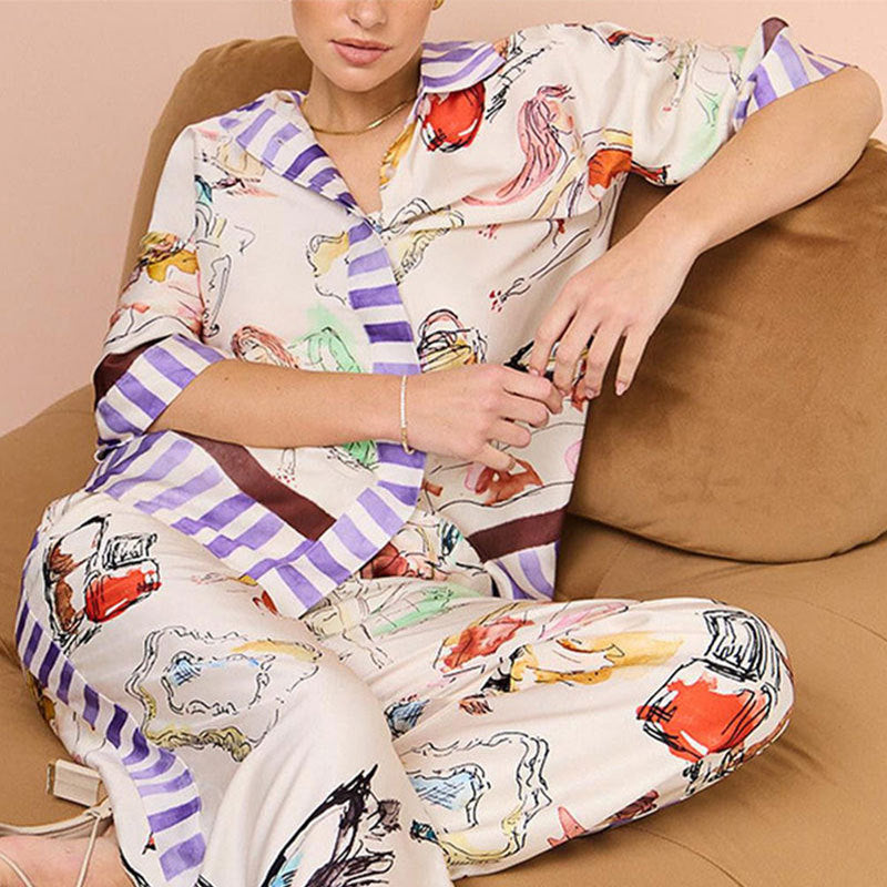 Women's Fashion Loose Casual Cardigan Printed Pajamas Two-piece Set - Sparkssy