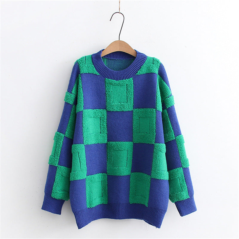 Women's Fashion Casual Chessboard Knitted Pullover Sweater - Sparkssy