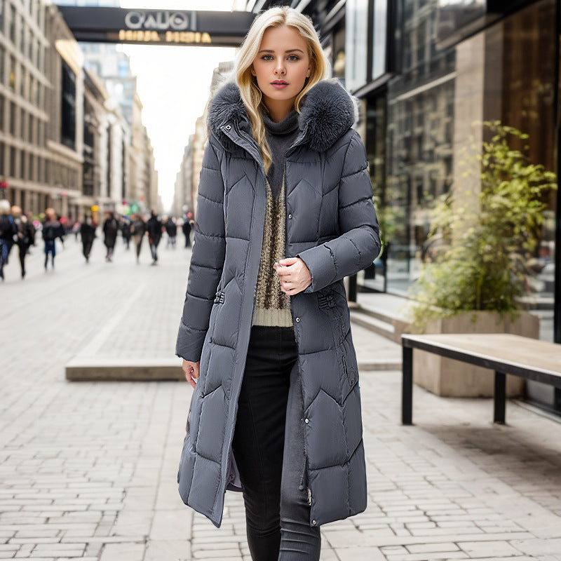 Winter Long Coat With Thickened Fur Collar Straight Slim Cotton-padded Jacket Women - Sparkssy