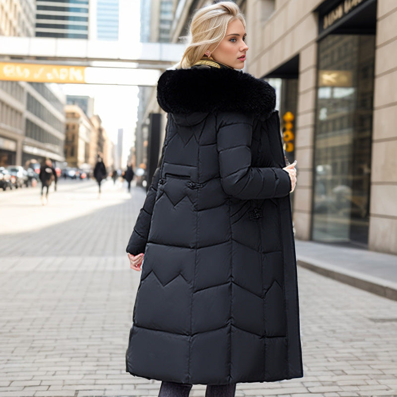 Winter Long Coat With Thickened Fur Collar Straight Slim Cotton-padded Jacket Women - Sparkssy