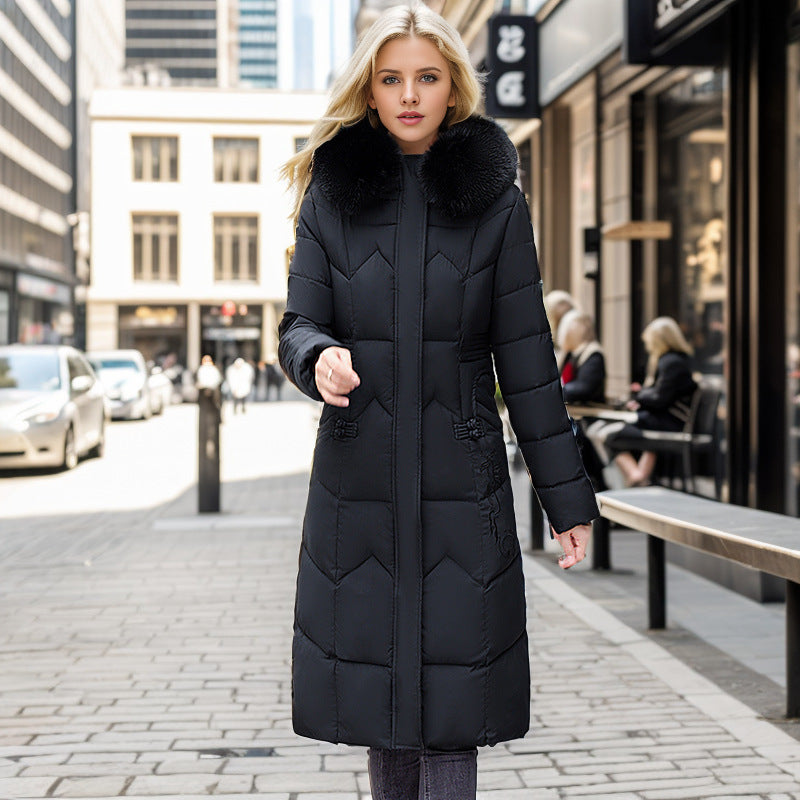 Winter Long Coat With Thickened Fur Collar Straight Slim Cotton-padded Jacket Women - Sparkssy