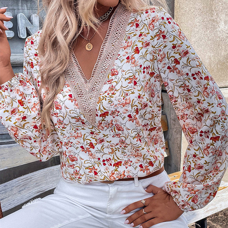 Loose Lace V-neck Chiffon Shirt For Women 2023 Autumn New Floral Printed Long-sleeved Top Women - Sparkssy