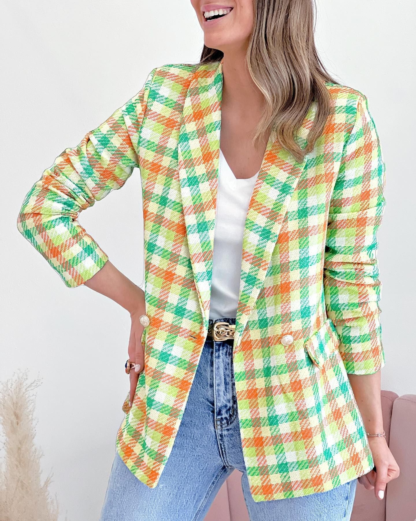 European And American Plaid Printed Long Sleeve Pocket Two Buttons Casual Suit Jacket - Sparkssy