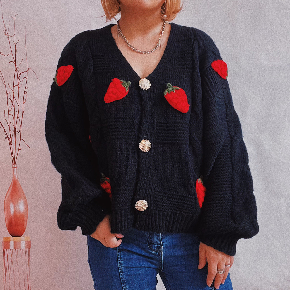 Women's Fashion Casual Loose Strawberry Embroidery Single-breasted Sweater - Sparkssy