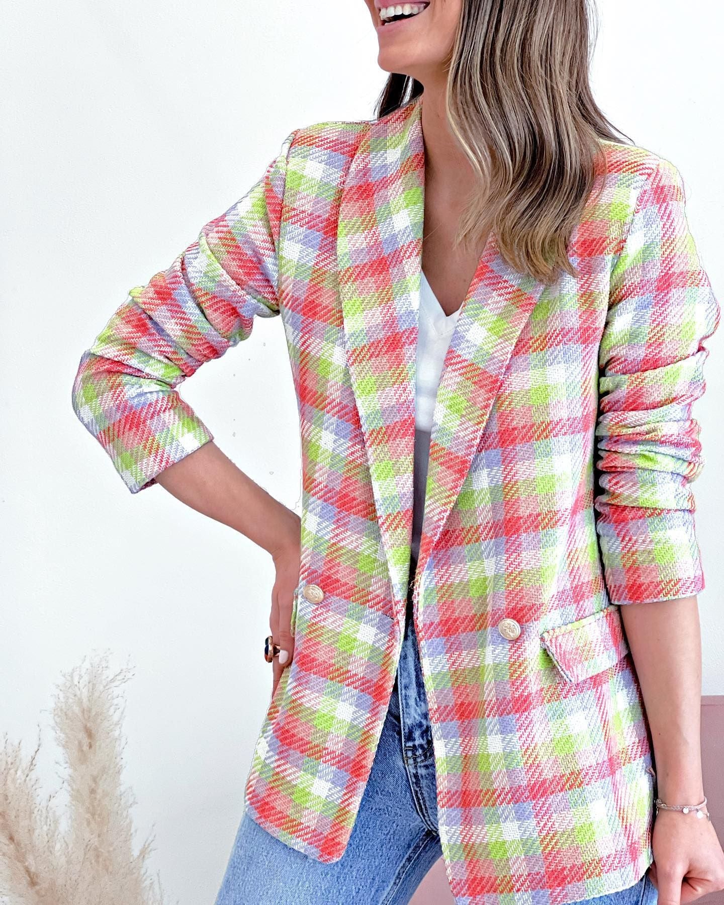 European And American Plaid Printed Long Sleeve Pocket Two Buttons Casual Suit Jacket - Sparkssy