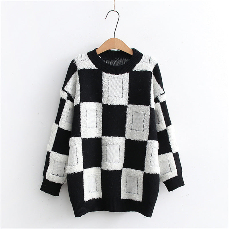 Women's Fashion Casual Chessboard Knitted Pullover Sweater - Sparkssy