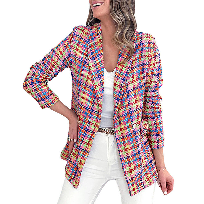 European And American Plaid Printed Long Sleeve Pocket Two Buttons Casual Suit Jacket - Sparkssy