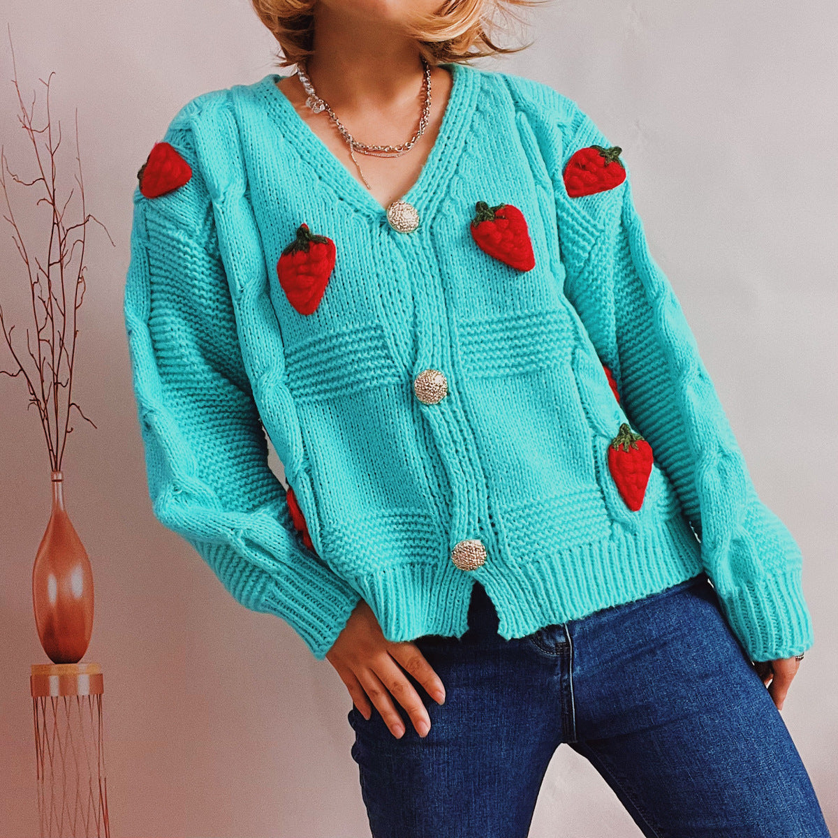 Women's Fashion Casual Loose Strawberry Embroidery Single-breasted Sweater - Sparkssy