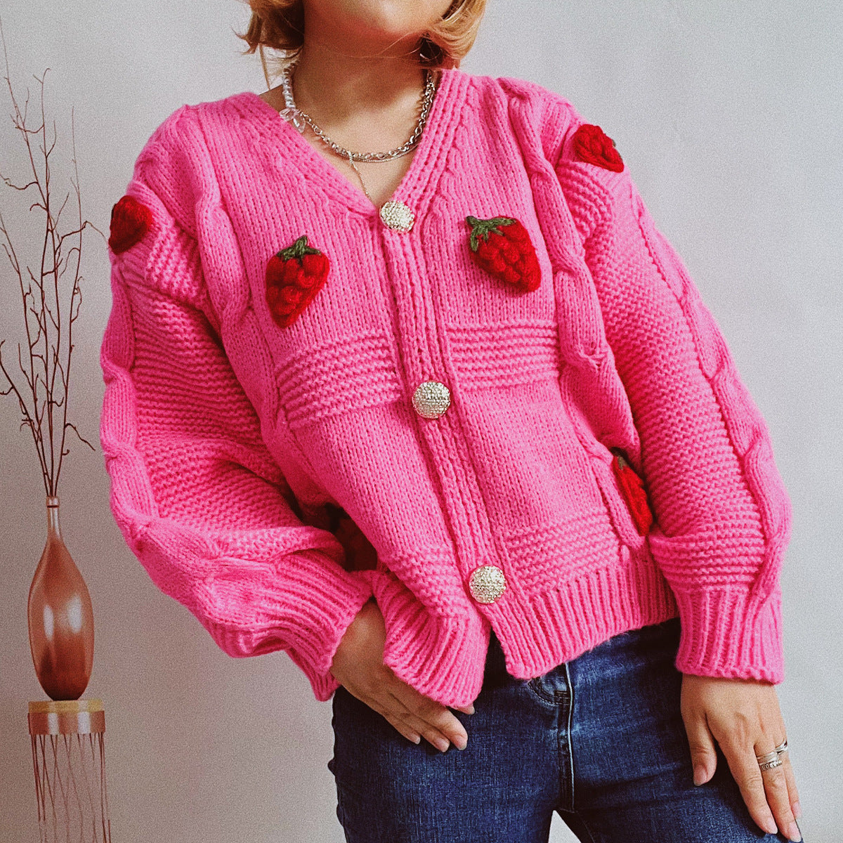 Women's Fashion Casual Loose Strawberry Embroidery Single-breasted Sweater - Sparkssy