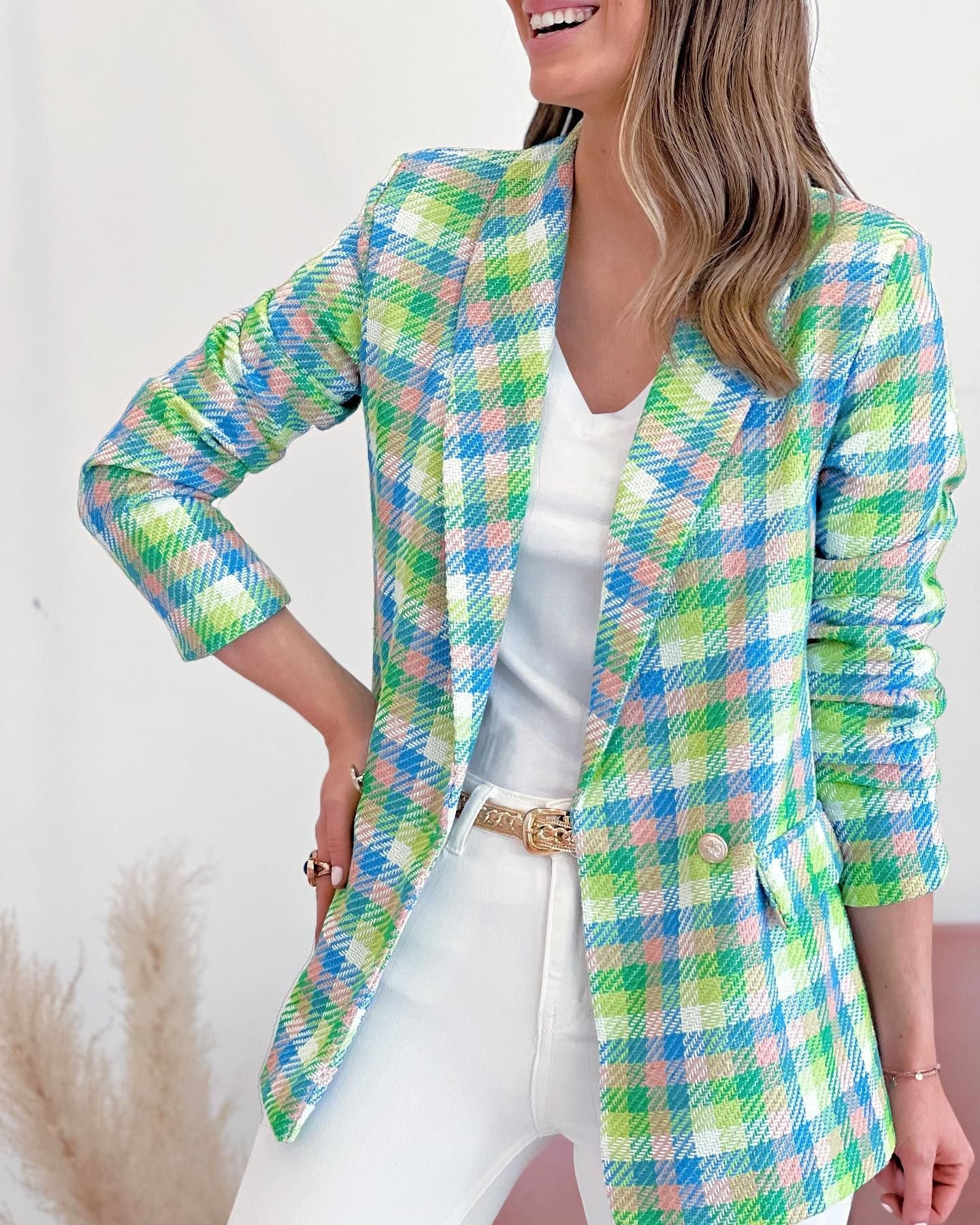 European And American Plaid Printed Long Sleeve Pocket Two Buttons Casual Suit Jacket - Sparkssy