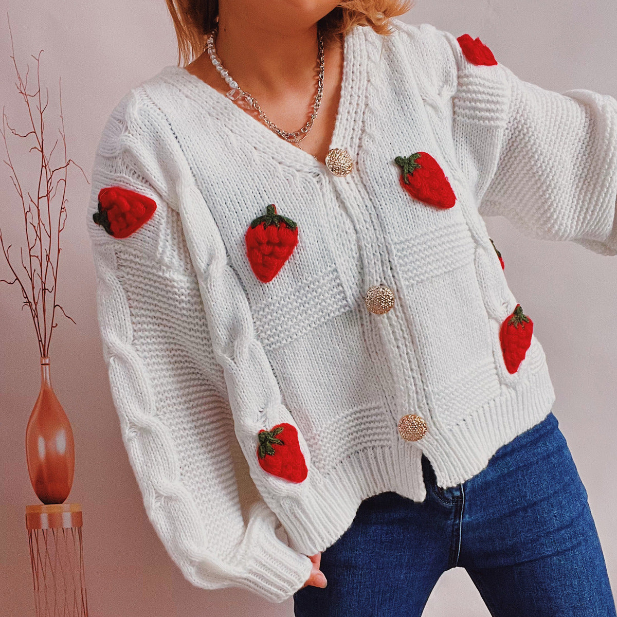 Women's Fashion Casual Loose Strawberry Embroidery Single-breasted Sweater - Sparkssy