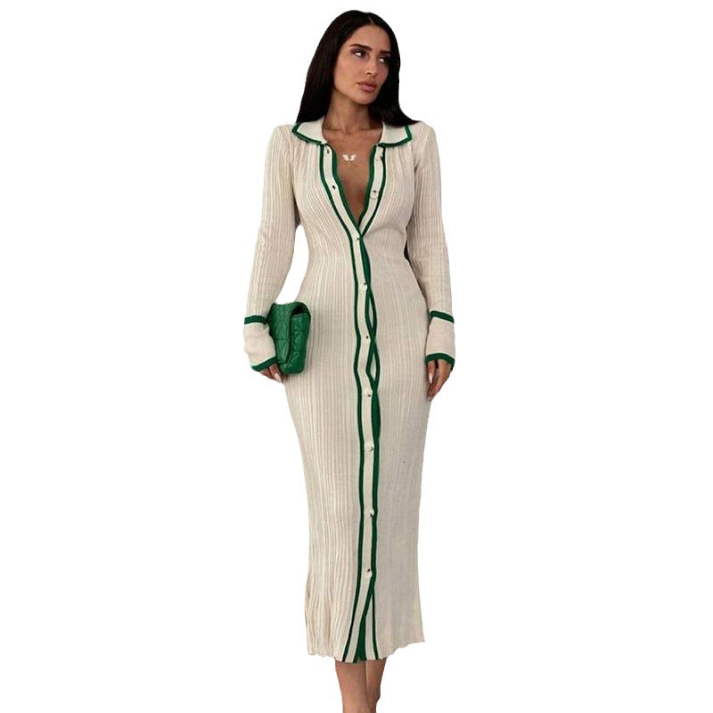 Women's Slim-fit Lapel Patchwork Long-sleeved Cardigan Dress - Sparkssy