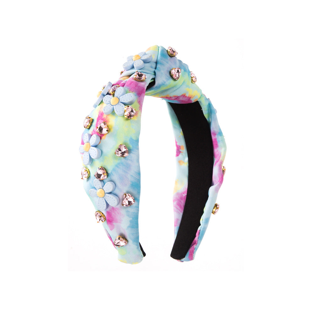 Tie-dyed Fabric Diamond Headband Flower Bow Tie - Sparkssy