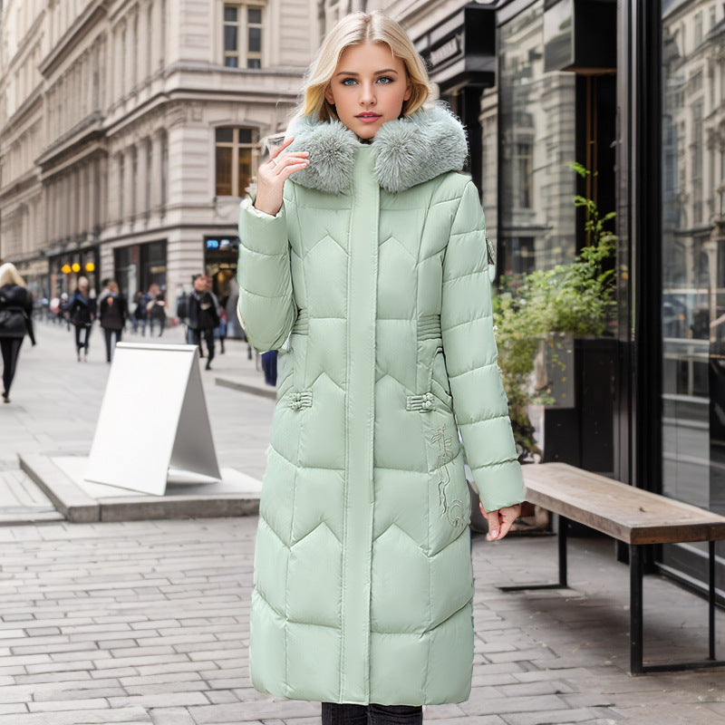 Winter Long Coat With Thickened Fur Collar Straight Slim Cotton-padded Jacket Women - Sparkssy