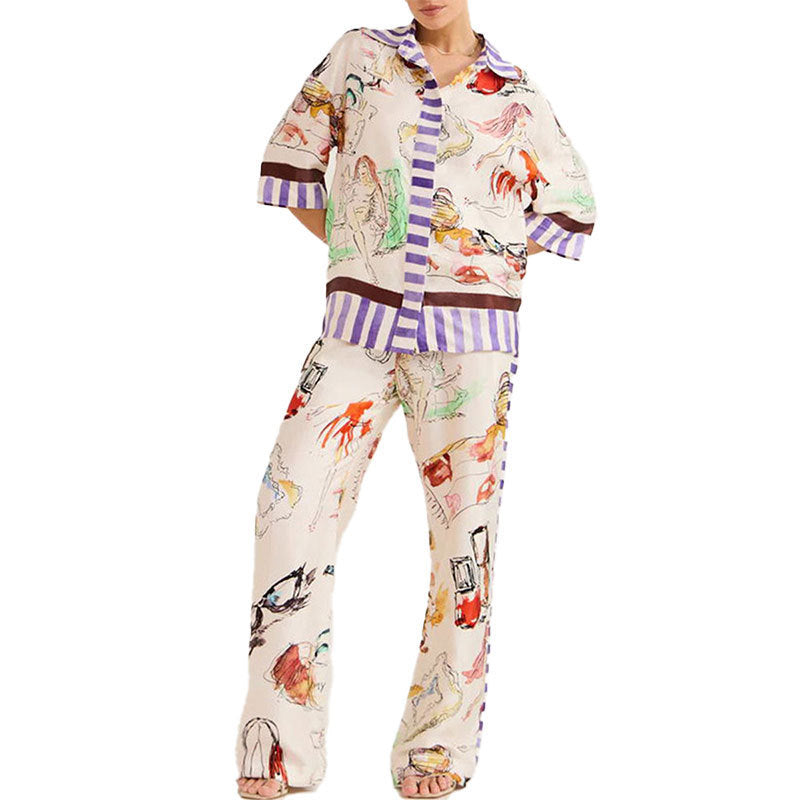 Women's Fashion Loose Casual Cardigan Printed Pajamas Two-piece Set - Sparkssy