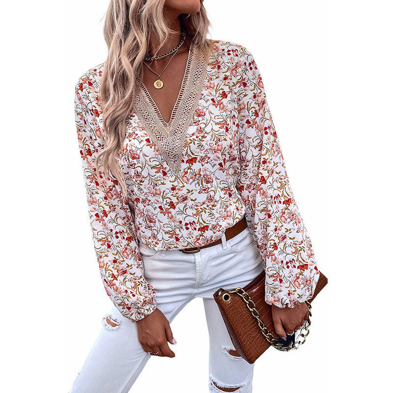 Loose Lace V-neck Chiffon Shirt For Women 2023 Autumn New Floral Printed Long-sleeved Top Women - Sparkssy